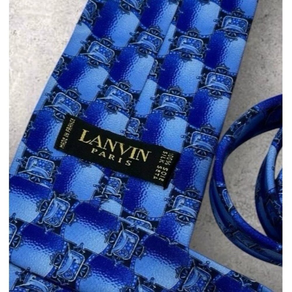 LANVIN Silk Tie FRANCE Navy Blue Geometric W:4" - Picture 2 of 4